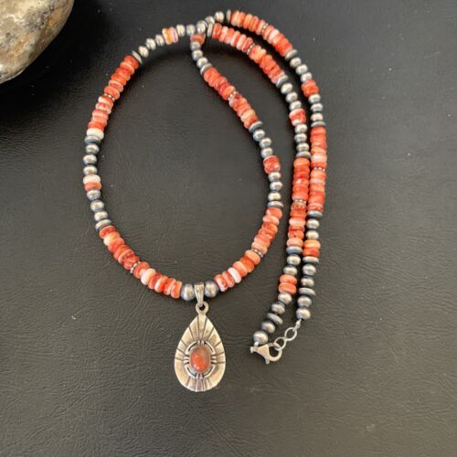 Navajo Pearl Necklace with Red Apple Coral & Spiny Oyster Pendant | Sterling Silver | 12373