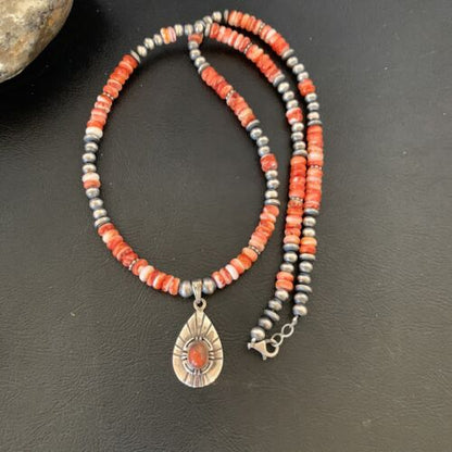 Navajo Pearl Necklace with Red Apple Coral & Spiny Oyster Pendant | Sterling Silver | 12373
