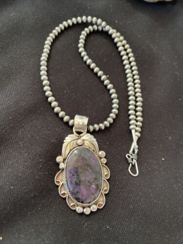 Native American Men's Necklace | Sterling Silver Navajo Pearls with Sugilite Pendant | 1523 - Masha USA
