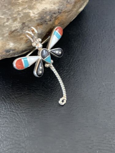 Zuni Turquoise Mother of Pearl Inlay Dragonfly Necklace Pin Pendant | Sterling Silver | 12327