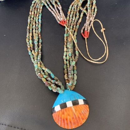 Native American Santo Domingo Shell Green Turquoise Necklace | 5 Strand | 38" | 12055 - Masha USA