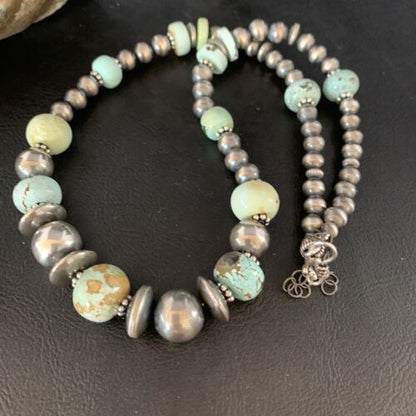 Dry Creek Turquoise Navajo Pearls Beaded Necklace | Sterling Silver | 21" | Authentic Native American Handmade | 14101 - Masha USA