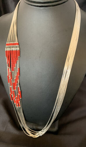 Red Coral Heishi Necklace | 10 Strand Liquid Silver | Sterling Silver Tubes | 26" | 13060