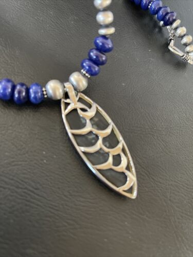 Men's Sterling Silver Necklace | Blue Lapis Bead Opal Inlay Pendant | Authentic Native American Handmade | 10585