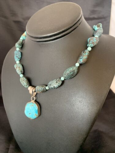 Men's Navajo Kingman Turquoise Pendant Necklace | Sterling Silver | 20" | Authentic Native American Handmade | 10224