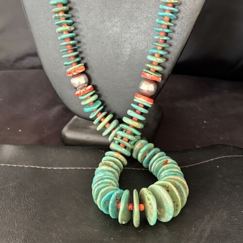 Navajo Turquoise & Red Spiny Oyster Necklace | Sterling Silver | Authentic Native American | 32" | 14360