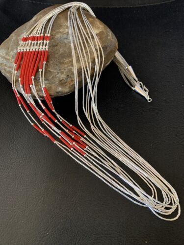 Red Coral Heishi Necklace | 10 Strand Liquid Silver | Sterling Silver Tubes | 26" | 13060