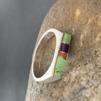 Southwestern Navajo Green Gaspeite Sugilite Red Coral Inlay Ring | Sz 7 | 02252