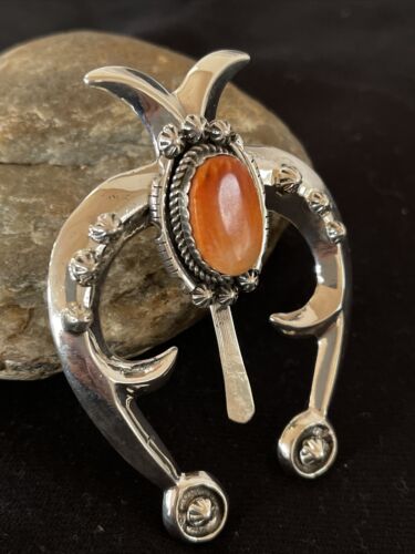 Navajo Orange Spiny Oyster Naja Pendant | Sterling Silver | Authentic Native American Handmade | 1062