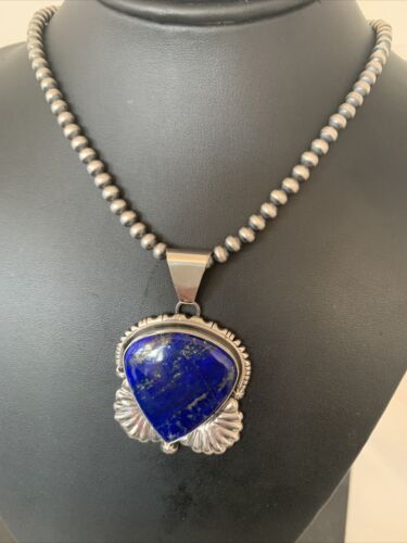 Native American Men's Navajo Pearls Necklace Pendant | Sterling Silver Blue Lapis | 01540
