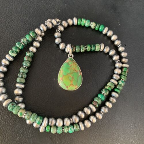 Navajo Pearls Green Mojave Turquoise Pendant Necklace | Sterling Silver | Native American Handmade | 13460