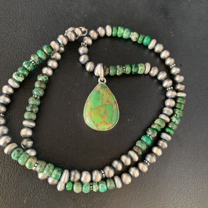 Navajo Pearls Green Mojave Turquoise Pendant Necklace | Sterling Silver | Native American Handmade | 13460