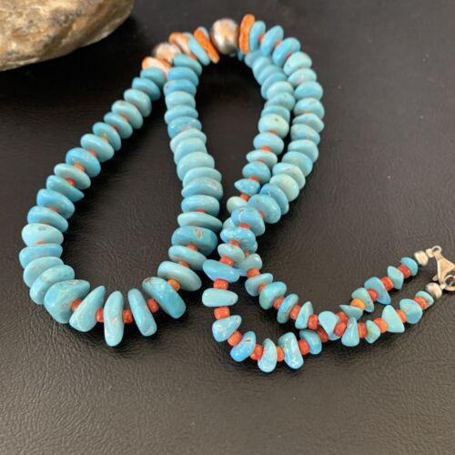 Navajo Natural Turquoise & Spiny Oyster Necklace | Sterling Silver | Authentic Native American | 29" | 13234