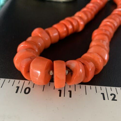 Navajo Orange Bamboo Coral Bead Necklace | 16mm | Sterling Silver | 17" | Authentic Native American Handmade | 13524