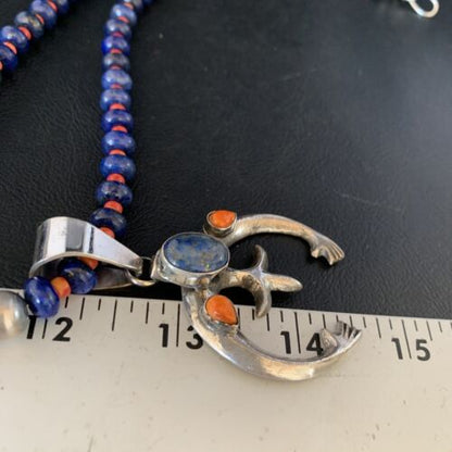Navajo Blue Lapis Spiny Oyster Pendant Necklace | Authentic Native American Sterling Silver | Naja | 13707 - Masha USA