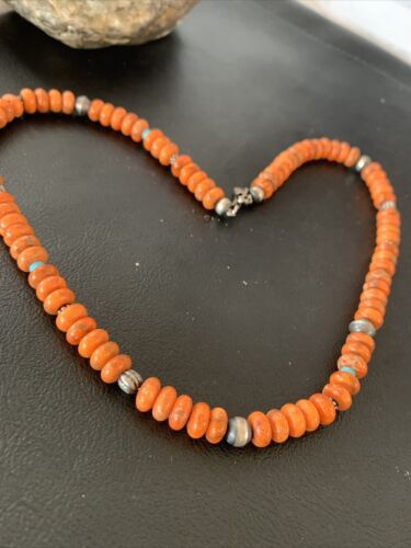 Southwestern Navajo Apple Coral Bead Necklace | Sponge Sterling Silver | Authentic Native American Handmade | 20" | 02043