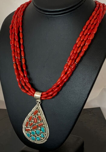 Navajo Coral Turquoise 5-Strand Necklace | Sterling Silver | Authentic Native American Handmade | 00510