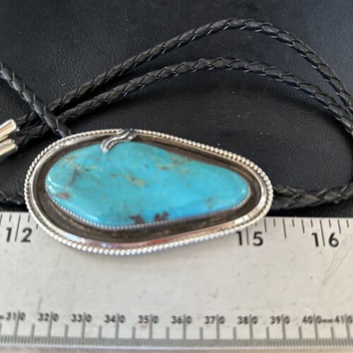 Native American Men's Bolo Tie | Blue Kingman Turquoise | Sterling Silver | Navajo Handmade | 14525