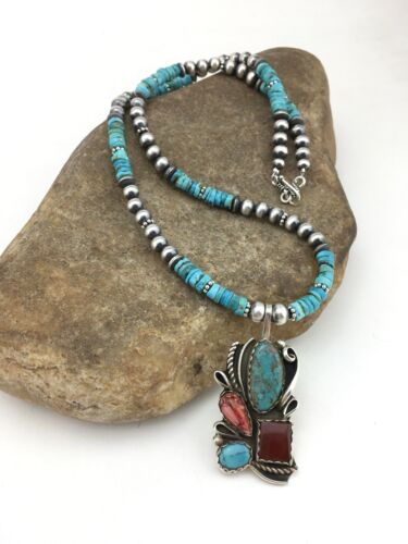 Navajo Turquoise & Spiny Oyster Pendant Necklace | Sterling Silver | 20" | Authentic Native American Handmade | 4836