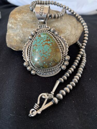 Men's Sterling Silver Turquoise #8 Pendant | Navajo Pearl Necklace | Authentic Native American Handmade | 207