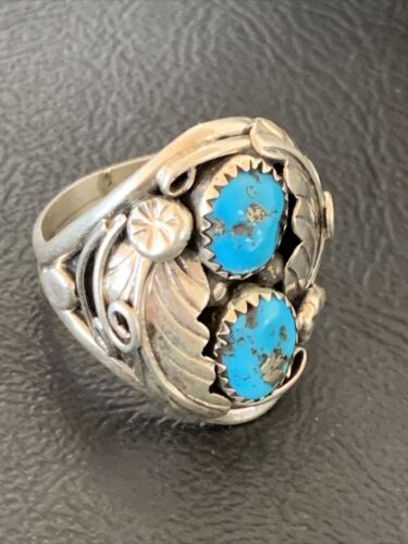 Navajo Blue Kingman Turquoise Feather Ring | Authentic Native American Sterling Silver | Multi-Stone | Sz 10.5 | 12219