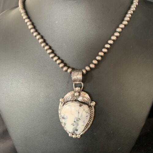 White Buffalo Turquoise Pendant Necklace | Sterling Silver | Navajo | Authentic Native American Handmade | 14053