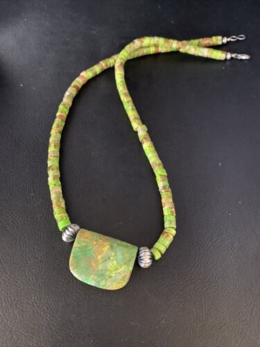 Navajo Green Gaspeite Turquoise Pendant | Sterling Silver | Authentic Native American Handmade | 13917