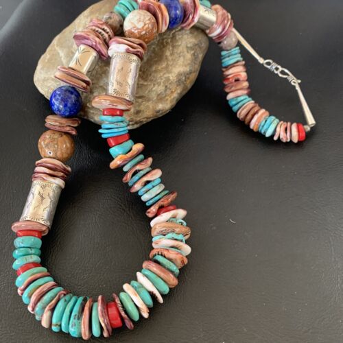 Navajo Turquoise Spiny Oyster Coral Lapis Necklace | Sterling Silver | 24" | Authentic Native American Handmade | 11870