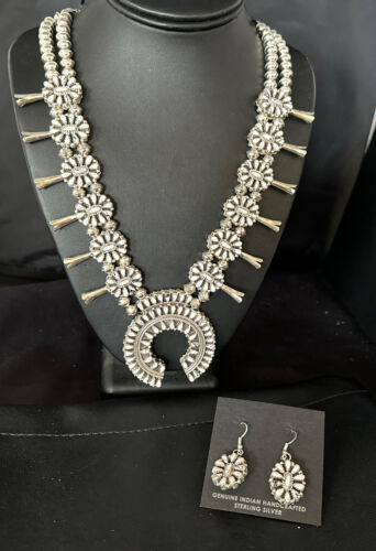 Navajo Dual Side Blue White Buffalo Turquoise Squash Blossom Necklace | Sterling Silver | 14457 - Masha USA