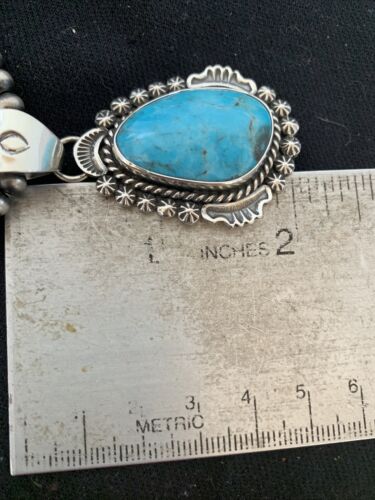 Men's Navajo Pearls Necklace | Sterling Silver Blue Kingman Turquoise Pendant | Native American Handmade | 793