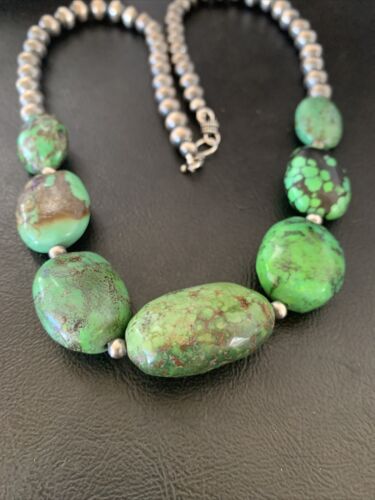 Chunky Navajo Graduated Natural Green Turquoise Necklace | Sterling Silver | Authentic Native American | 18" | 11769