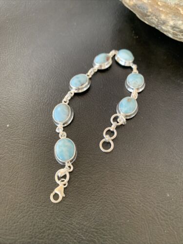 Navajo Blue Larimar 7-Link Bracelet | Sterling Silver | 7.5" | Authentic Native American Handmade | 10624