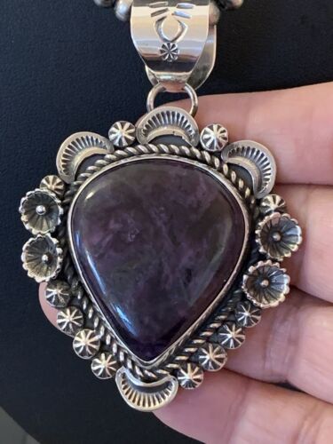 Men's Navajo Pearls Necklace with Purple Sugilite Pendant | Sterling Silver | Authentic Native American Handmade | 00541