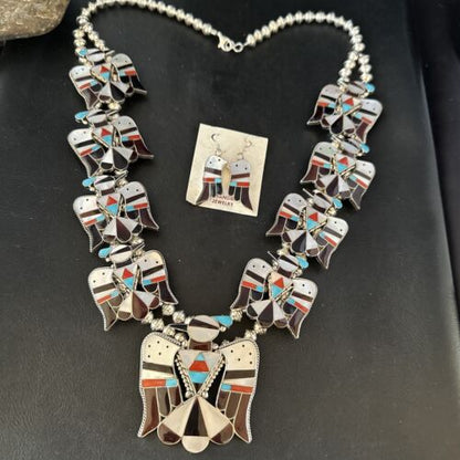 Zuni Thunderbird Turquoise Mother of Pearl Sterling Squash Blossom Necklace | Native American | 14442
