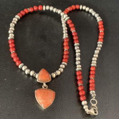 Navajo Red Apple Coral and Multi-Stone Bead Necklace Pendant | Sterling Silver | Native American Handmade | 13415
