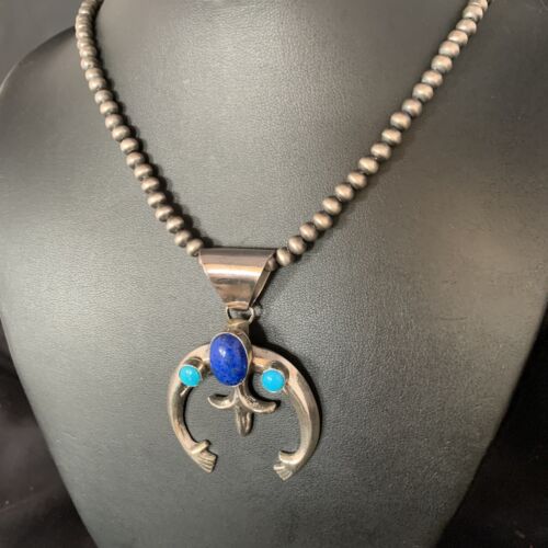 Navajo Blue Lapis Turquoise Pendant Necklace | Authentic Native American Sterling Silver | Naja | 13631