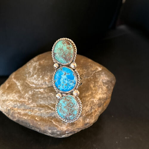 Navajo Blue Kingman Turquoise Cluster Ring | Authentic Native American Sterling Silver | Multi-Stone | Sz 8.5 | 14492