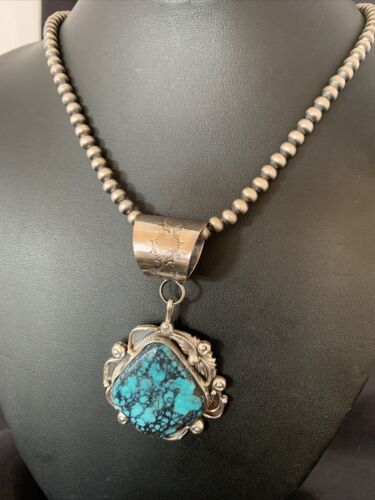Men's Navajo Blue Spiderweb Turquoise Pendant Necklace | Sterling Silver | Authentic Native American Handmade | 10663