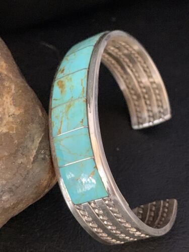 Native American Men's Blue #8 Turquoise Inlay Cuff Bracelet | Sterling Silver | 14138