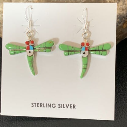 Navajo Dragonfly Earrings | Green Gaspeite, Coral, Mother of Pearl Inlay | Sterling Silver | 1" | 13319 - Masha USA