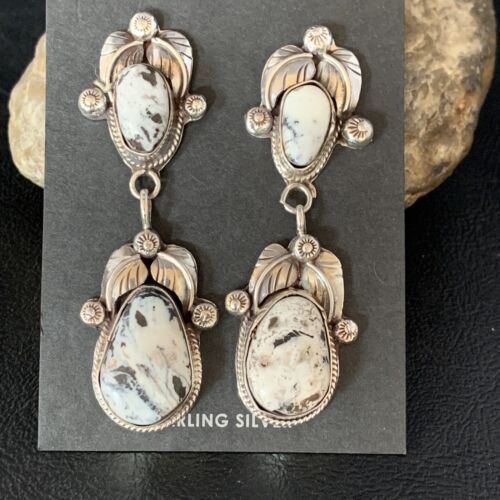 Navajo White Buffalo Turquoise Dangle Earrings Set | Sterling Silver | Authentic Native American Handmade | 13753