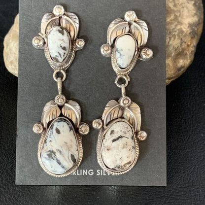 Navajo White Buffalo Turquoise Dangle Earrings Set | Sterling Silver | Authentic Native American Handmade | 13753