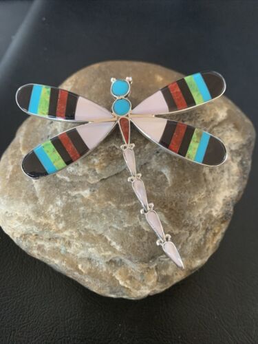 US Zuni Coral Turquoise Inlay Dragonfly Sterling Necklace Pin Pendant 11891