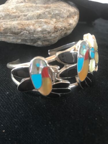 Zuni Sterling Inlay Hummingbird Bracelet | Multi Stone Turquoise | Old Pawn  | 7.5" | 8299