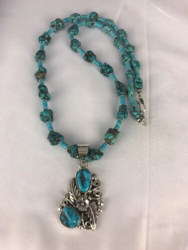 Navajo Kingman Turquoise Nugget Pendant Necklace | Sterling Silver | Multi-Stone | Southwestern Handmade