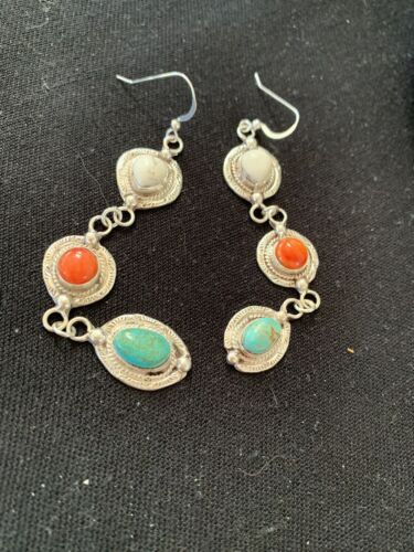 Navajo Spiny, Turquoise & Howlite Dangle Earrings | Sterling Silver | Authentic Native American Handmade | 1570
