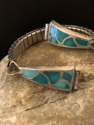Navajo Sterling Silver Watch Tips | Old Pawn Blue Turquoise Inlay | Authentic Native American Jewelry | 1443