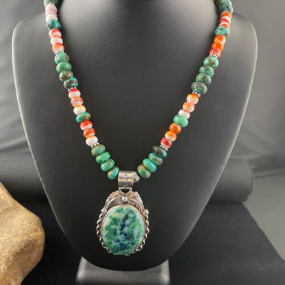 Men's Navajo Sterling Silver Necklace | Spiny Oyster & Turquoise | Moss Agate Pendant | Native American | 01625
