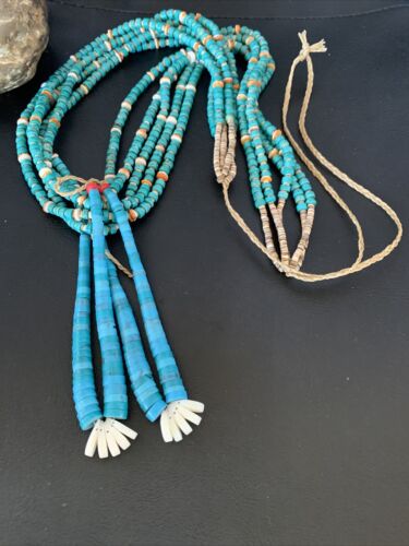 Native American Santo Domingo Spiny Blue Turquoise Shell Jacla Necklace | 5 Strand | 42" | 13189