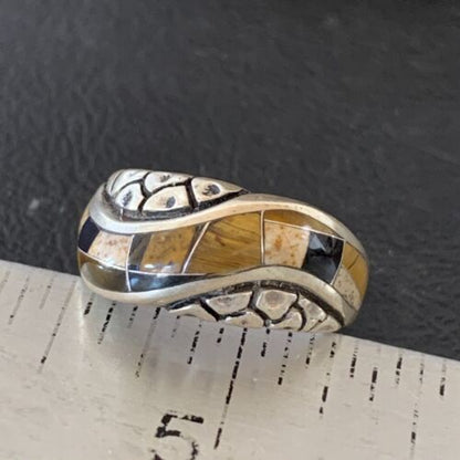 Navajo Black Onyx Coffee Tigers Eye Inlay Ring | Sterling Silver | Sz 6.5 | 10737
